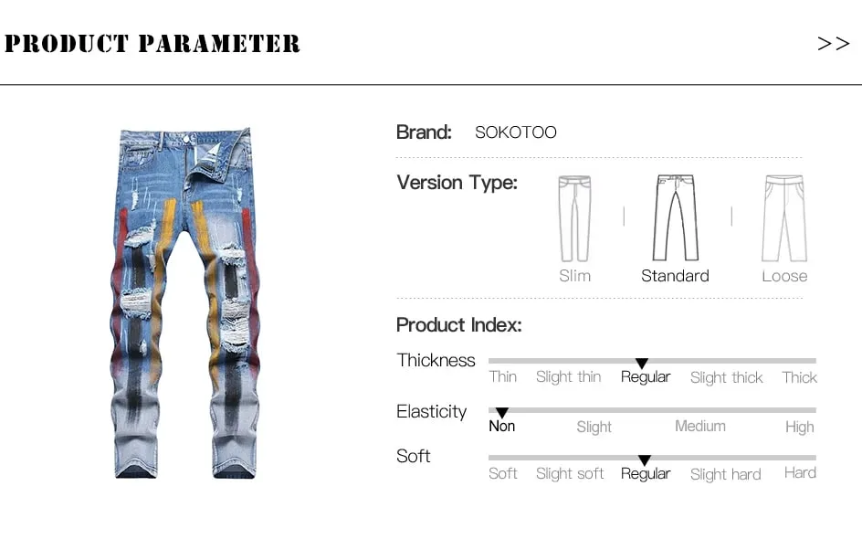 Men Painted Denim Jeans Contrast Color Holes Ripped Distressed Pants Non Stretch Cotton Slim Straight Trousers