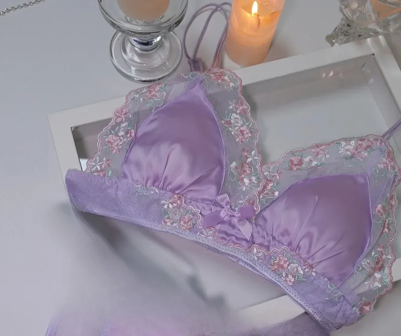 Girls French Bra Thin Triangle Cup Purple Embroidery Light Luxury Silk Sexy Pure Desire Lace Underwear Set