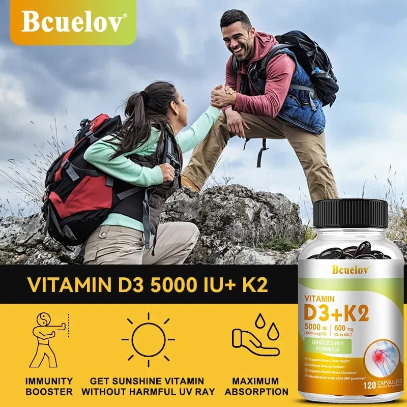 Bcuelov Vitamin D3+K2 5000 IU Vitamin D3 non-GMO formula easy-to-swallow vitamin D and K complex dietary supplement