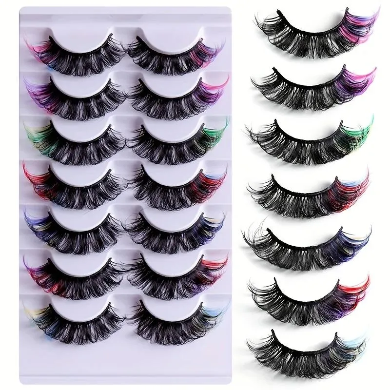 HD Portrait Shooting Colored Mink Strip Lashes 7 Pairs DD Curl Russian Curly Thick Fluffy Vibrant Stage Show Eye Lashes