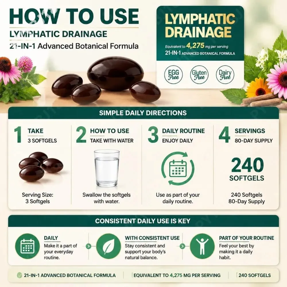Lymphatic Support Softgels with Echinacea Dandelion Herbal Supplement 21-in-1 Botanical Formula for Lymph Flow System 240 Count