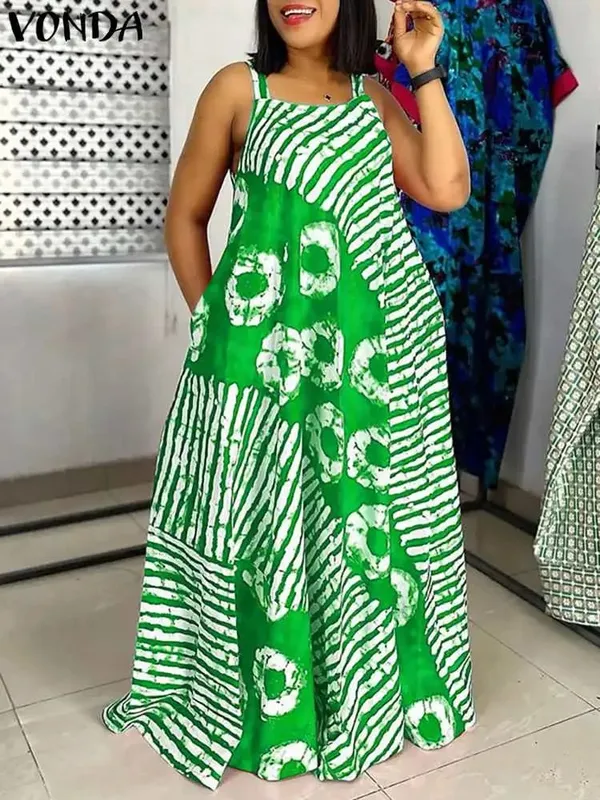 Plus Size 5XL Summer Bohemian Printed Maxi Dresses Sleeveless Party Beach Sundress Tank Long Vestido Casual Holiday Robe
