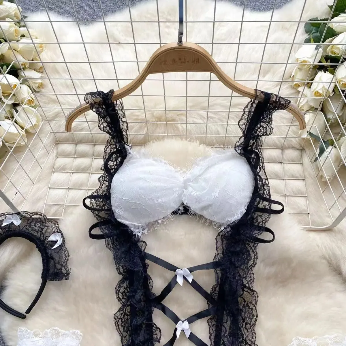 Lolita Strap Bodysuit With Cross Lace Up Hollow Patchwork Playsuit Double-Layer Sheer Mesh Sweet Women's Pajamas Sexy Lingerie