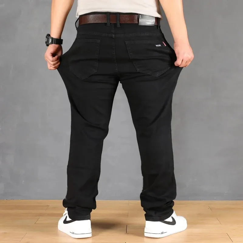 Plus Size Men's Solid Barrel Denim Pants For Spring Fall Casual Black Trendy Jeans For Men