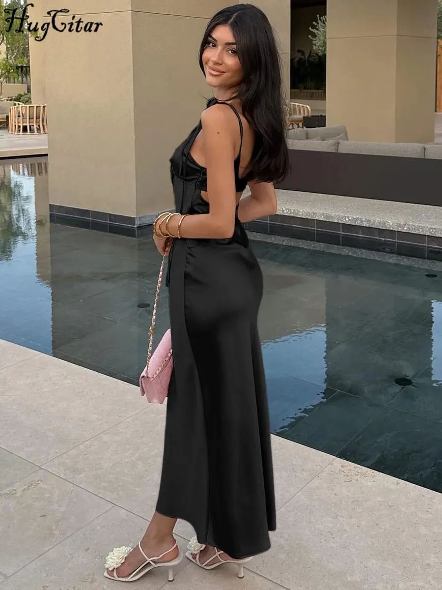 Hugcitar Scollo a V Solid Sottovesti Backless Scava Fuori Lace Up Sexy Aderente Maxi Abito da ballo Estate Donna Abiti eleganti Festa di compleanno
