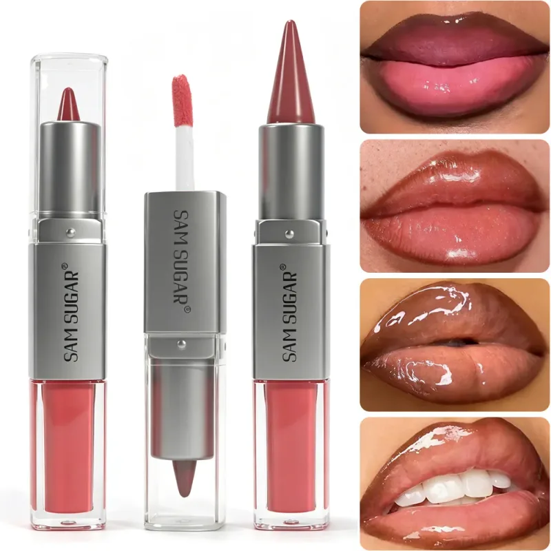 Pelapik Bibir & Lip Gloss 2 dalam 1 Dwi Berakhir Menghidratkan Gincu Tidak Melekat Matte Baldu Outline Krayon dengan Sapuan Bibir Montok Berkilat