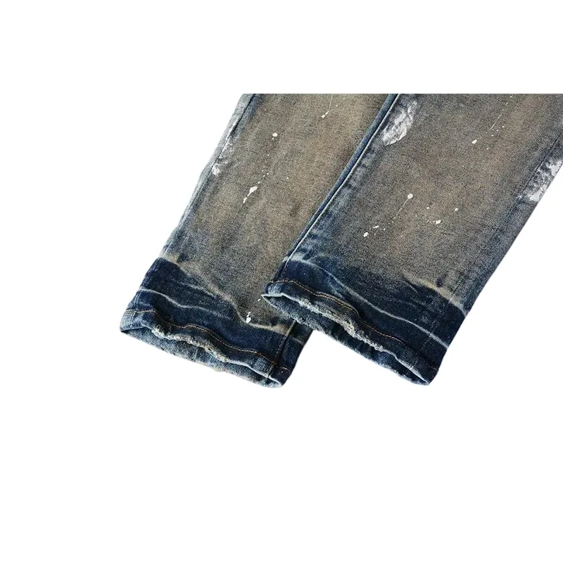 Men's Multiple Ripped Slim Tapered Jeans Vintage Blue Gradient Wash White Paint Splatter Button Fly High Street Style