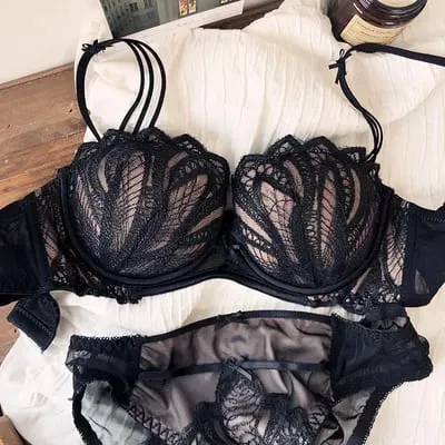 Sexy Embroidery Lace Shell Half Cup Small Breasts Push Up Bra Set Thicken Adjustable Pad Brassiere Panties Girls Underwear