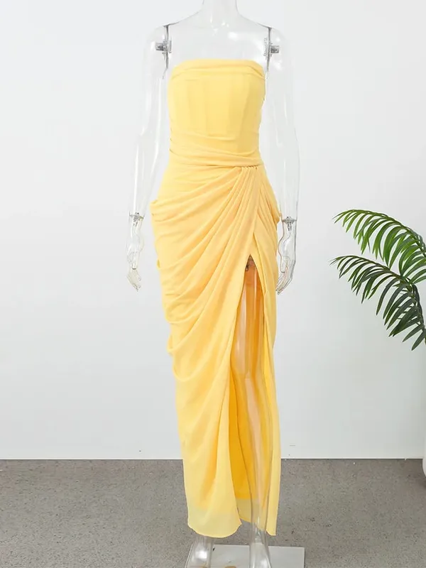 Butter Yellow Mesh Splicing Long Dress Elegant Strapless Split Backless Pleated Gowns For Women 2026 Lady Evening Party Gowns — image 13