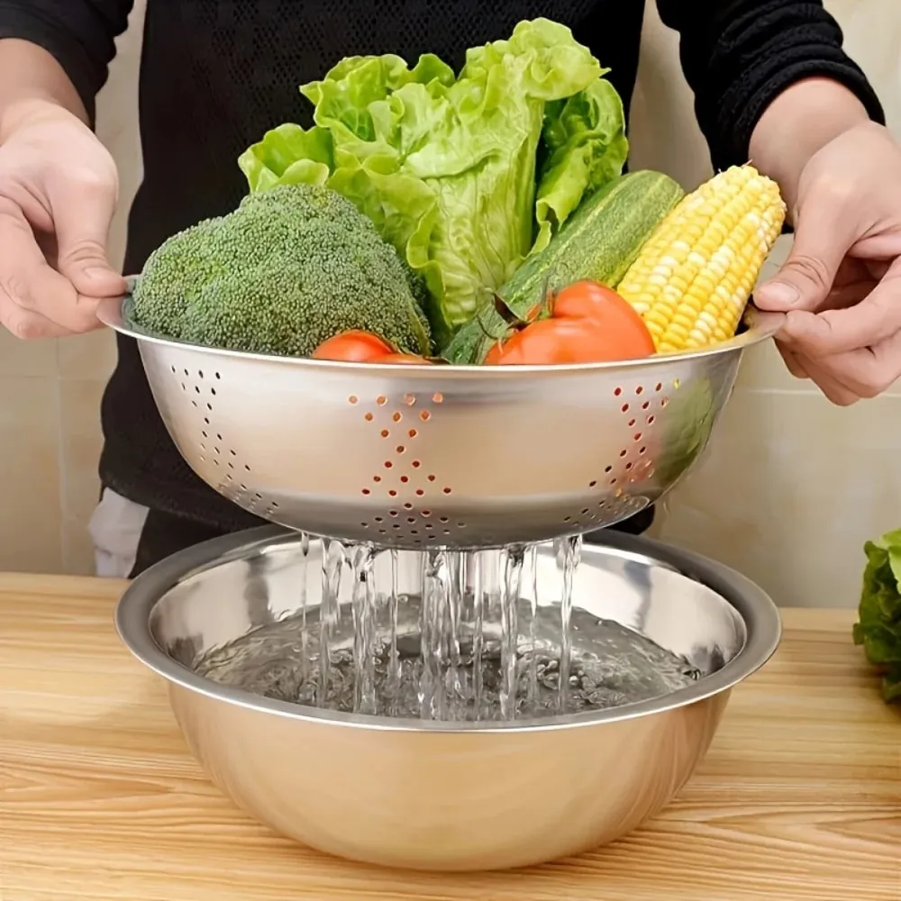 3pcs Stainless Steel Multi-Functional Kitchen Grater Set Draining Bowl with Vegetable Washing Mandoline Slicer for Potato