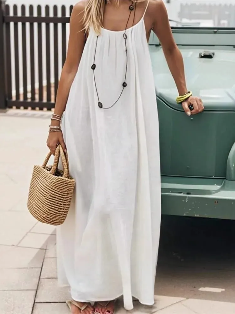 2026 Summer New Casual Seaside Vacation Women Long Skirt Fashionable Solid Color Sexy Suspender Backless Loose Dress Large Size