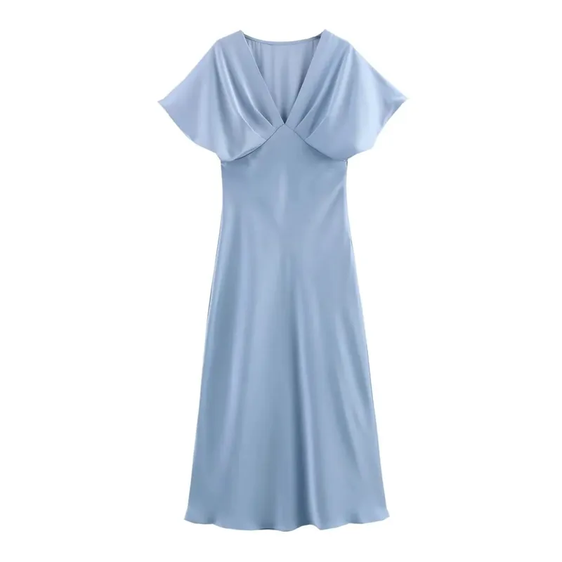 HH Women Elegant Solid Satin Dress Sexy V Neck Short Sleeve Midi Dress 2025 New Fashion Summer Lady Holidays Party Dress