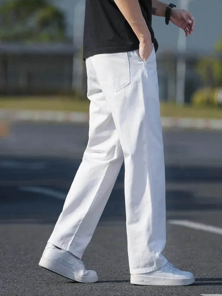 100%Cotton Fashion Loose Jeans Men's Spring Summer Thin Straight Washed Breathable White Denim Pants Casual Business Trousers
