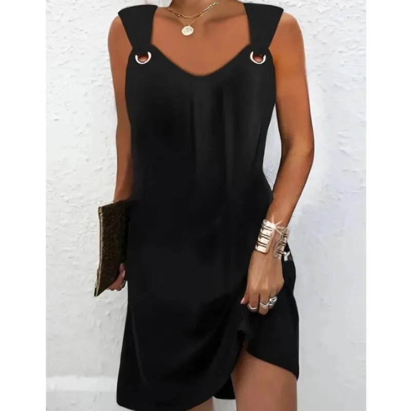 Women Summer Casual Dresses 2025 Elegant Simple Style Solid Color Metal Button V-neck Sleeveless Dress Female Sexy Midi Vestidos