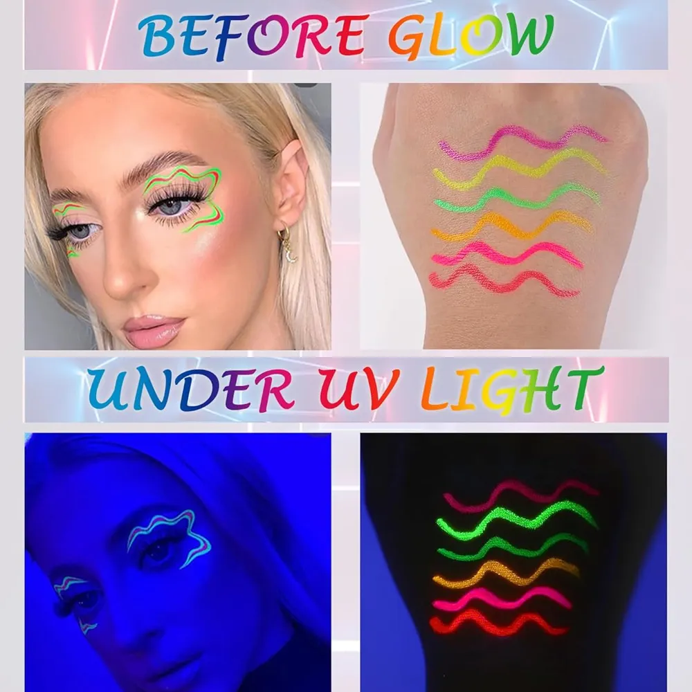6Pcs Neon Fluorescent UV Glow Eyeliner Waterproof Long Lasting Colorful Liquid Eye Liner Rave Party Halloween Makeup Tools