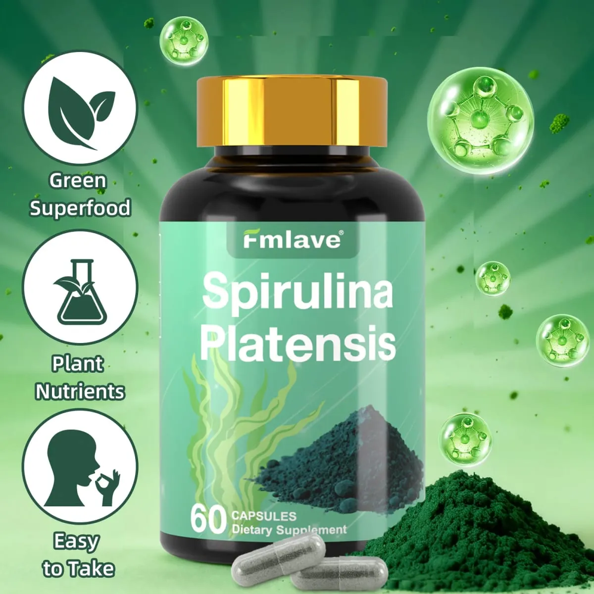 Fmlave Supplements Organic Spirulina - Protein Rich Blue Green Algae Superfood Supplement for Energy and Immune Support 60 Vegetarian Capsules
