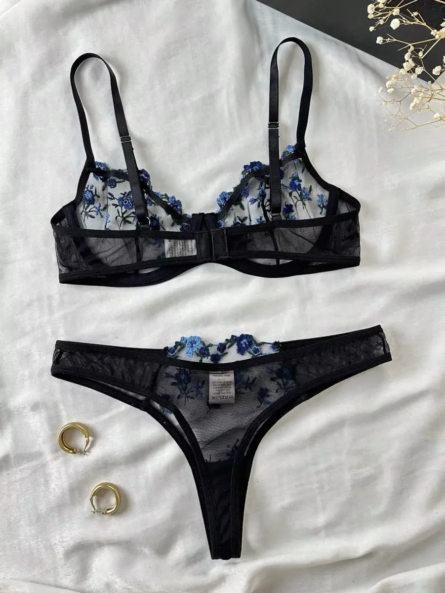 Erotic Embroidery Blue floral fragments Lace Babydoll Sensual Lingerie Bra Set For Women Underwear Intimate Sexi Panty Set 2024 — image 4
