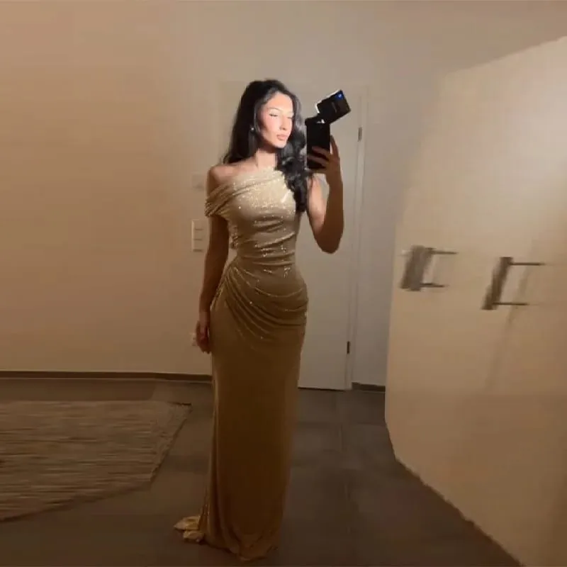 Elegant One Shoulder Sequins Party Dress Chic Sexy Backless Fold Design Slim Fit Female Long Gown 2026 NEW Party Evening Outfits