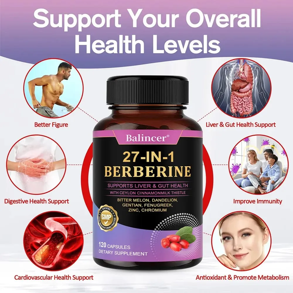 27-IN-1 Berberine Capsules - Contains Ceylon Cinnamon Milk Thistle - Supports Heart Health Immune System Liver & Gut Health