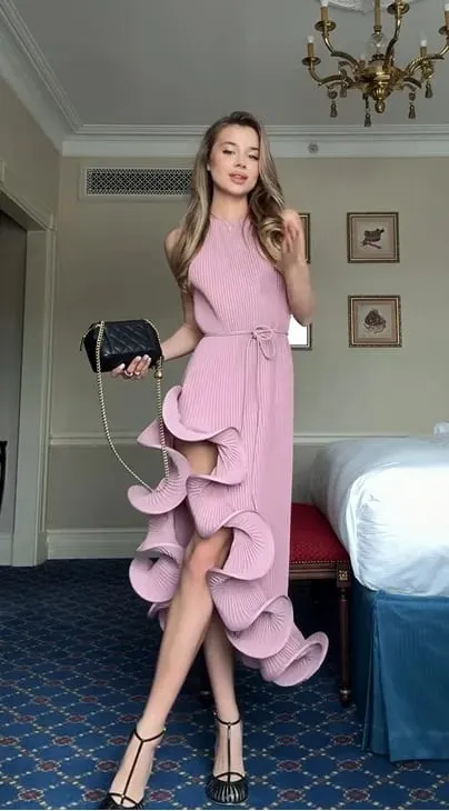 Elegante abito irregolare con volant al collo da donna Chic senza maniche con spalle scoperte Abiti longuette con lacci 2026 Abiti da sera da donna