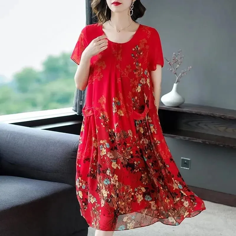 Mother Clothes Summer Chiffon Dresses O-Neck Mid-Long Printed A-line Dress Large Size Short Sleeve Middle-aged Women's Vestidos