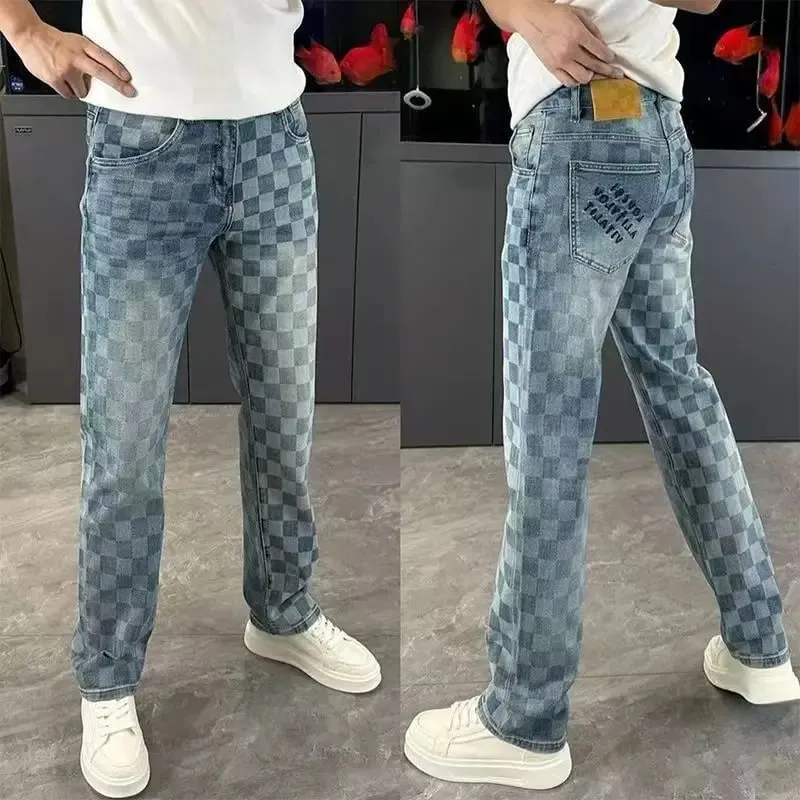 Spring Summer Checkered Jeans From Trendy Brand Versatile Men's Straight-leg high-end loose Casual Straight Stretch Pants