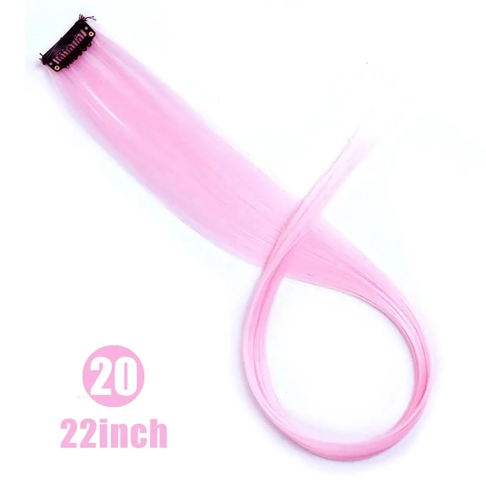 22" Synthetic Long Straight Rainbow Highlight Colored Hair Extensions Clip In One Piece Ombre Pink Purple Green Yellow For Wome