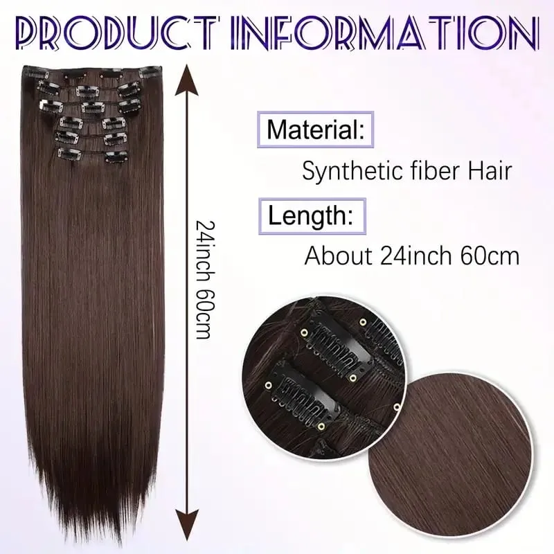 24Inch Synthetic 6pcs/set Long Straight Clip-in Hair Extension Heat Resistant Fiber Hair for Women Hair Accessories — image 3