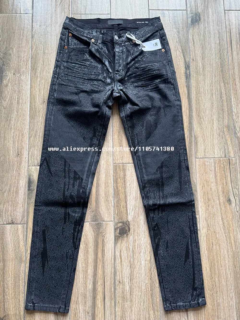 Men's High Street American Fashion Distressed Black Crackle Paint Foil Stretch Skinny Button Fly Ripped Jeans Pants