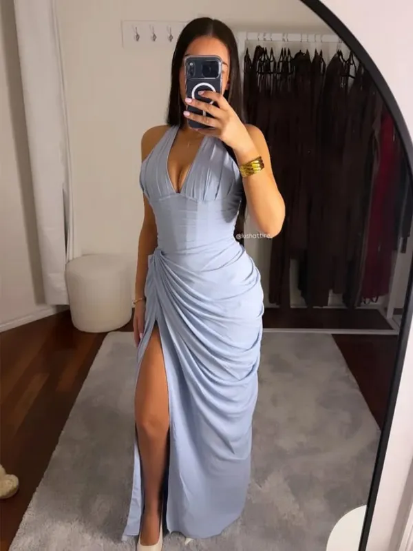 우아한 노란색 Strapless Pleated 롱 드레스 여성 세련된 솔리드 민소매 허리 Cinching 분할 가운 2026 레이디 이브닝 파티 가운