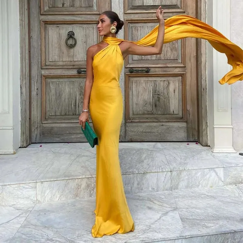 Ribbon Hanging Neck Long Dresses Slanted Shoulder Lace Up Backless Silky Satin Temperament Slim Fit Halter Woman Fishtail Dress