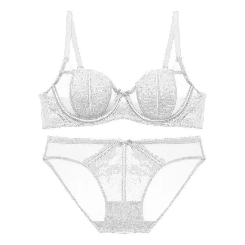 Ensemble Lingerie Dentelle Française Brodée Bonnets Oreille De Lapin Fil Doux Push Up Respirable Amincissant Confort Élégant