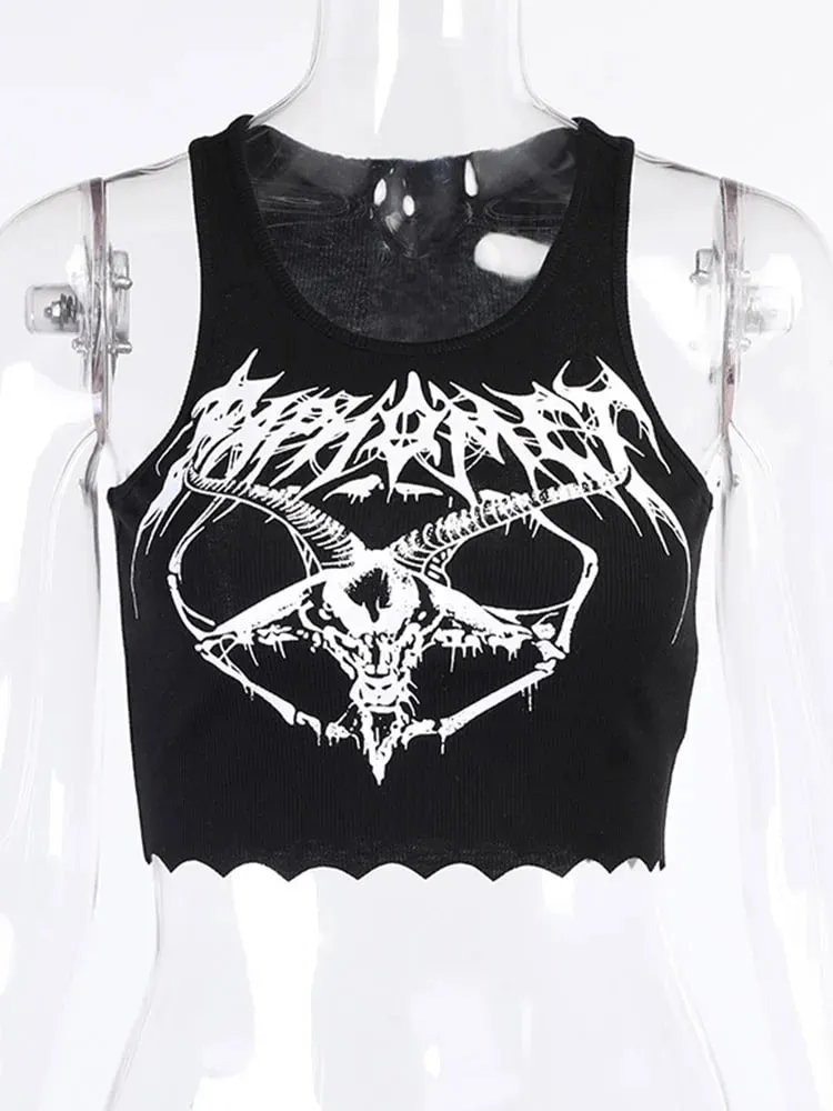 Gothic Knitted Punk Black Tank Tops Mall Goth Grunge Goat Print Harajuku Women Crop Tops Skinny Sleeveless Streetwear — image 6