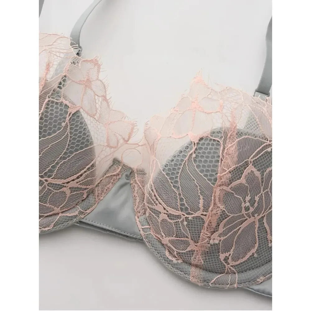 Women Sexy French Eyelash Lace Bra Set Hollow‑Out Lightweight Thin Comfort Push‑Up Lingerie Suit Skin Friendly 34‑38
