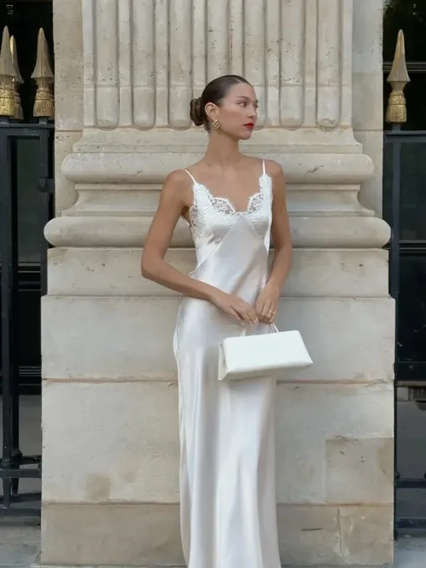 Sexy Women V-neck Satin Sling Maxi Dress Chic White Lace Patchwork Sleeveless Backless Slim Long Gown Chic Evening Party Dresses