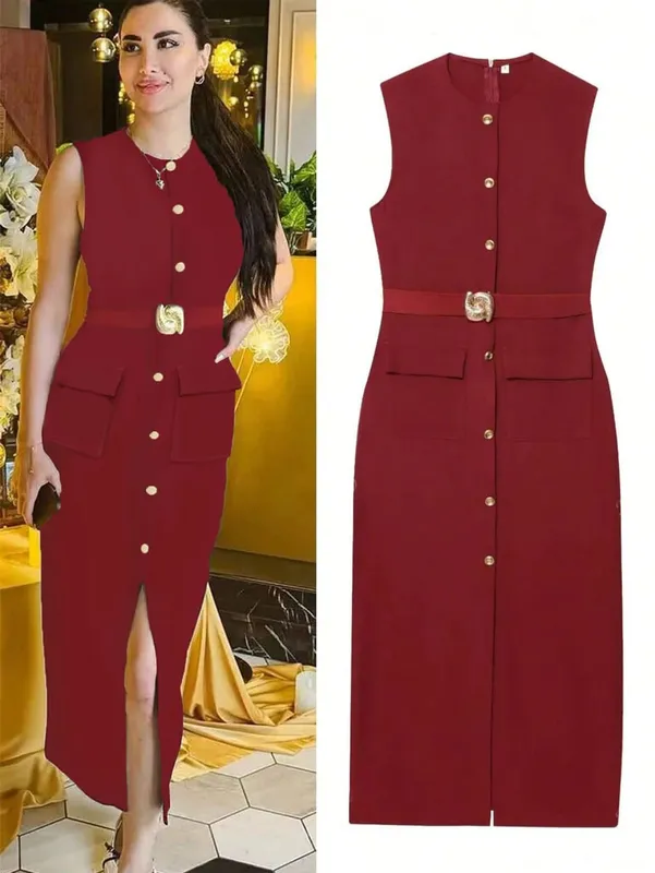 Sleeveless Button Down Ashirtdress with Belt Solid Color Front Slit Elegant for Office Party Dresses Luxury 2025 Ashirtwaister