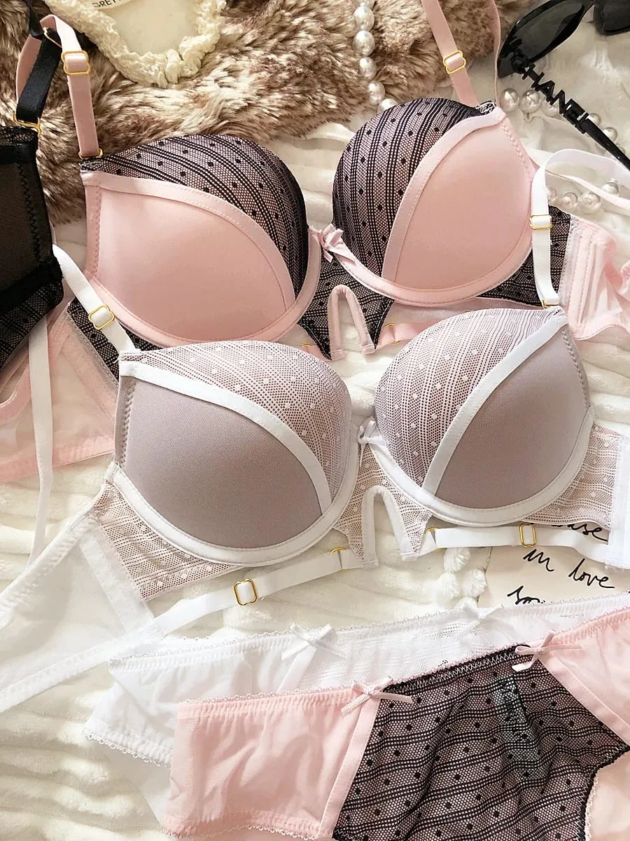 Sexy Hollow Underwear Set for Women 3/4 Cup Push Up Bra Lace Splicing Color Brassiere and Panties Ladies Intimates Lingerie — image 4