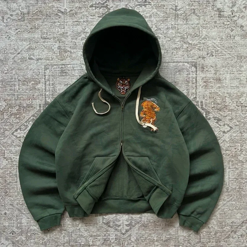 Vintage Bear Print Hoodie Men Retro Green Plaid Patch Pullover Hooded Sweatshirt Casual Streetwear Long Sleeve Women Hoodies Top