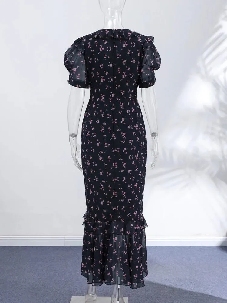 Floral Puff Sleeves Maxi Dresses Women's Slim Waist-cinching Hip-wrap V-neck Dress 2026 New Ladies Summer Vacation Outwear — image 2