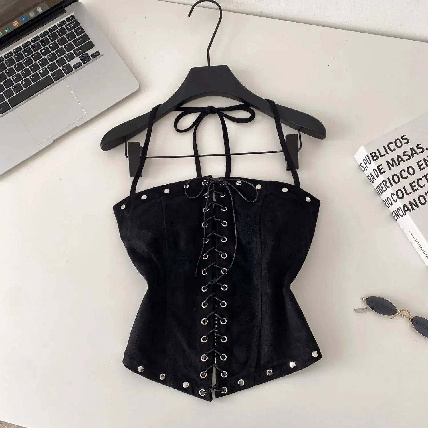 Sexy Bandage Halter Solid Tanks Top Vintage Corset Bustier Korean Autumn Camis Women Party Spice Girl Crop Top