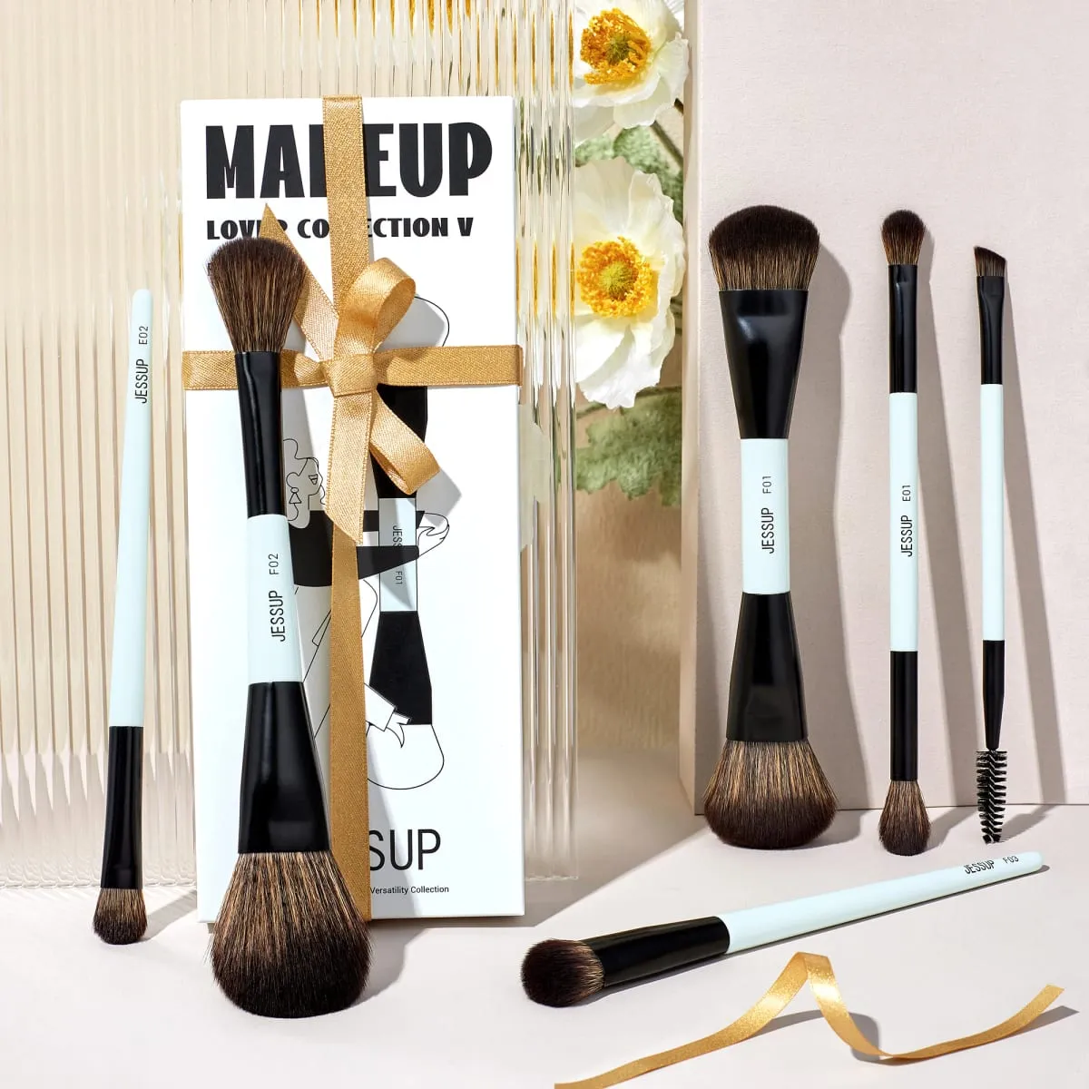 Jessup Makeup Brush Set Double Sided Makeup Brushes Foundation Contour Blush Blending Eyebrow Shadow Fiber Bright Cyan T501