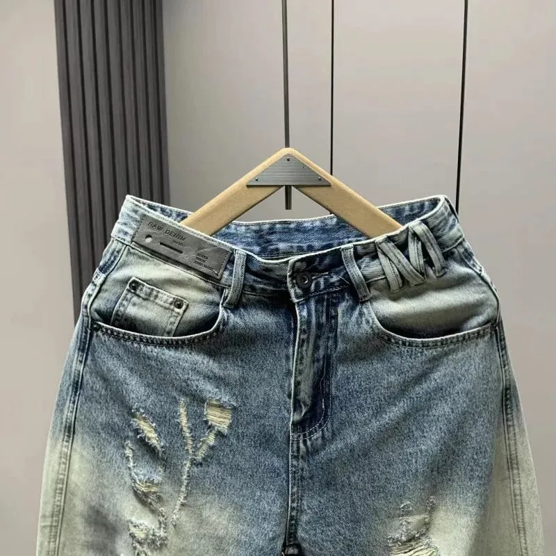 Men's Jeans Man Pants Classic Straight Fit Faded Ripped Jeans Denim Trouser Casual Loose Slim Stylish Street Retro Blue — image 5