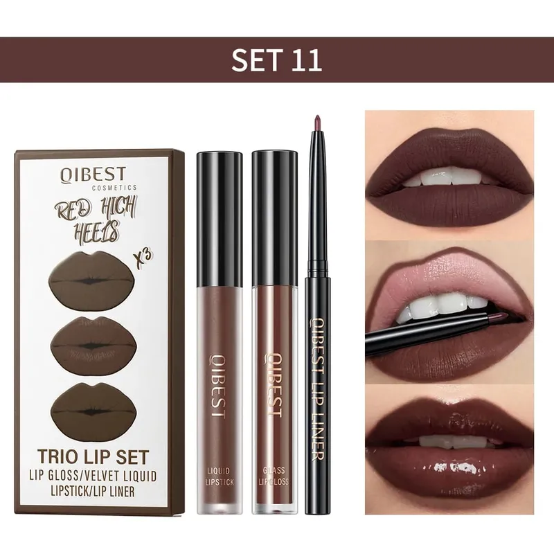 3pcs Lips Makeup Sets Include Lip Glaze Lip Mud And Lip Liner Long Lasting Nude Red Black Brown Lip Gloss Tint Cosmetics