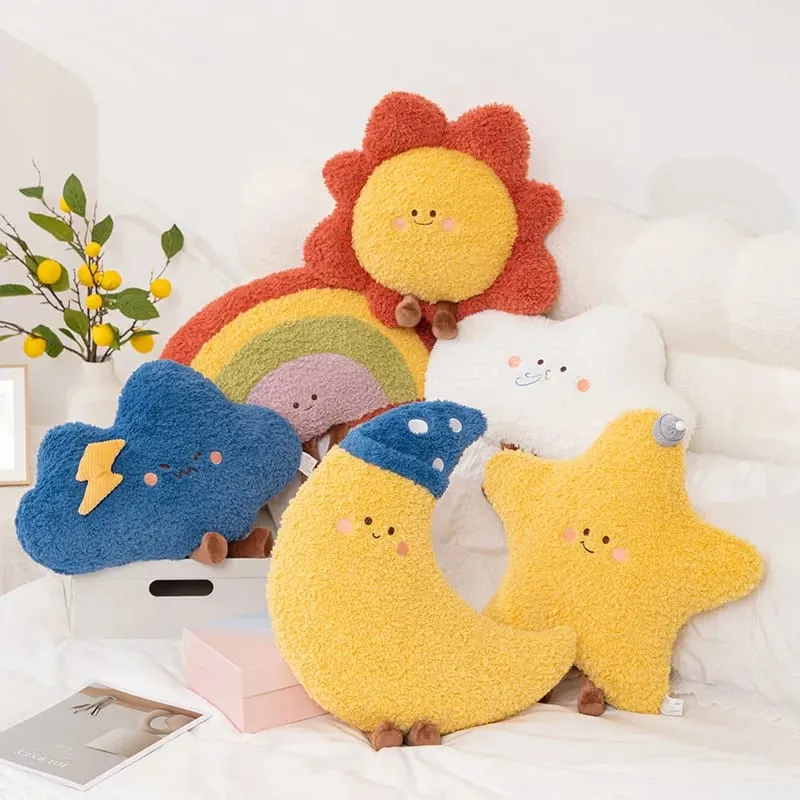 Soft Starry Sky Pillow Cute Rainbow Moon Star Plush Pillow Creative Sun Cloud Pillow Cushion Sleep Companion Pillow Home Decor