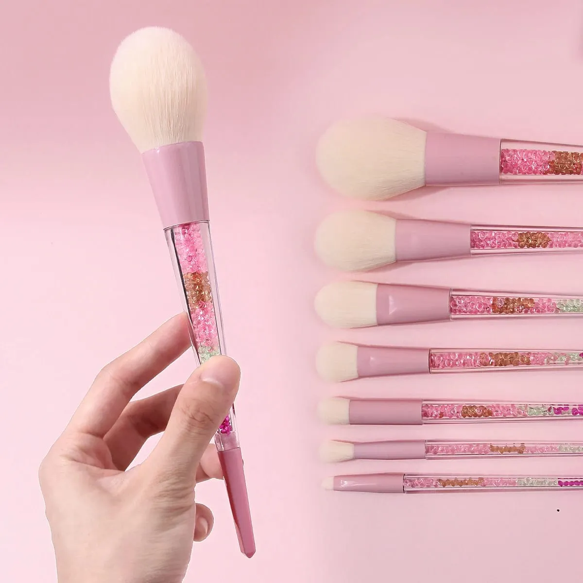 11PCS Pink Glitter Makeup Brush Set with Bag Crystal Handle Brushes Makeup Sponge Powder Puff Storage Bag Soft Hair Full Face
