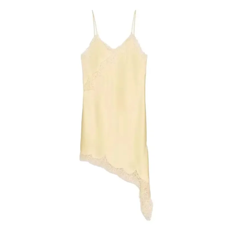 Bruin Satijn Kant Splicing Sling Jurk Vrouwen Elegante Onregelmatige Zoom V-hals Backless Mouwloze Jurk Chic Vrouwen Party Club vestidos