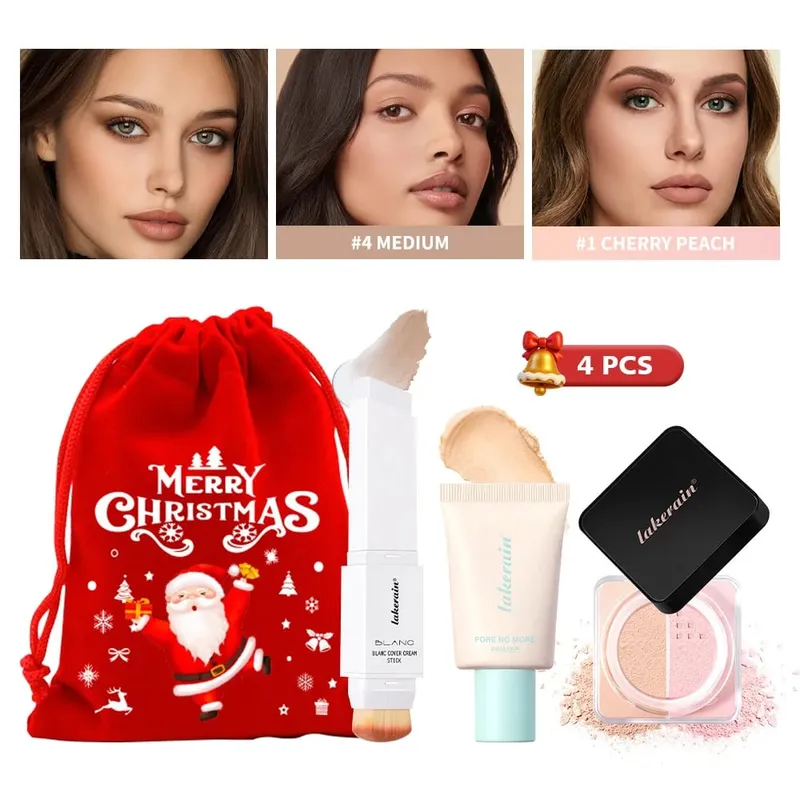 4Pcs Face Makeup Set Foundation Stick Pore No More Primer Loose Setting Powder Long Lasting Matte Beginner Makeup Christmas Gift