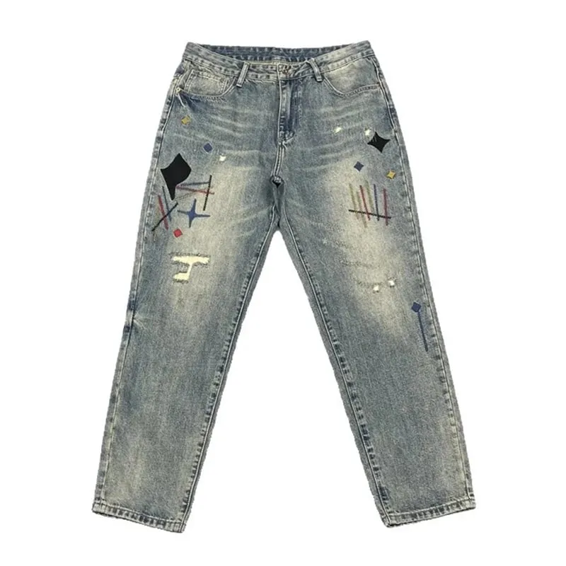 Trendy Edgy And Stylish Men's Jeans With Patchwork Embroidery And Prints Loose-fitting Straight Leg — image 5