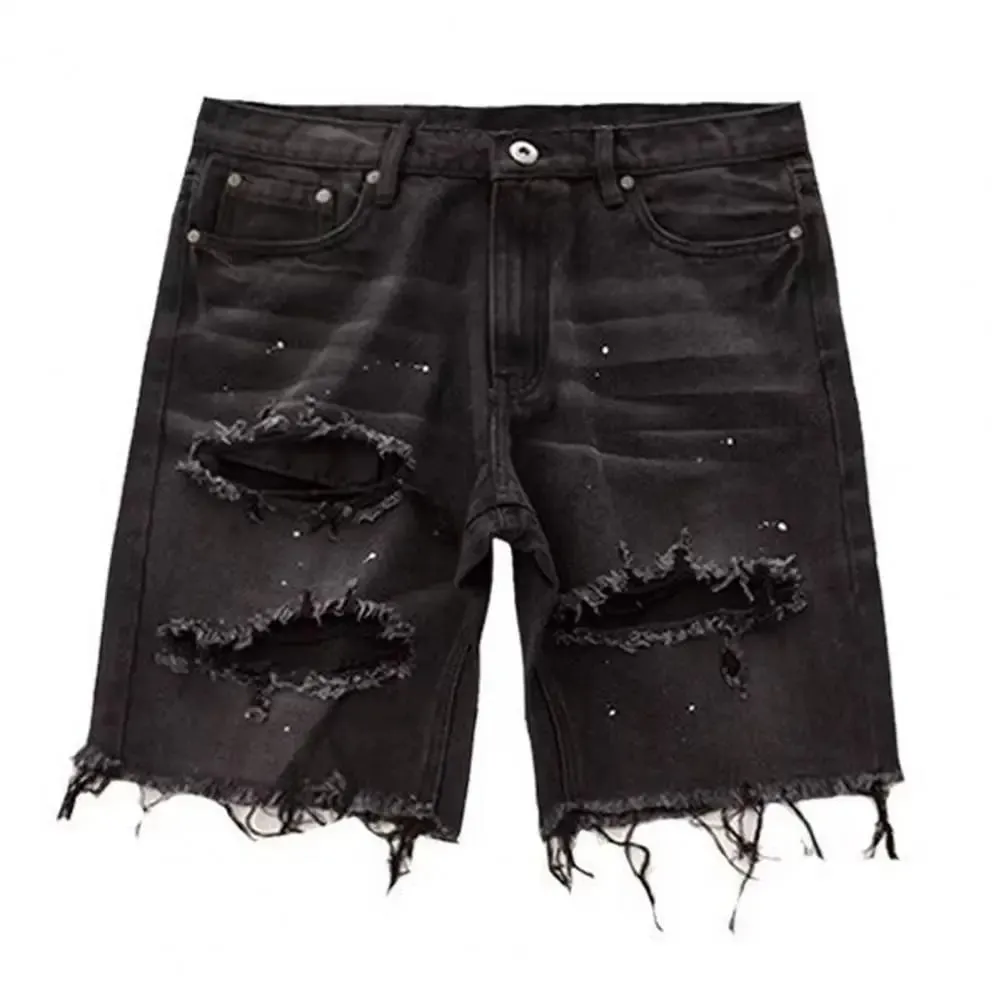 Men Summer Distressed Denim Shorts Button Zipper Fly Multi Pockets Short Jeans Straight Fit Ripped Holes Knee Length Distressed