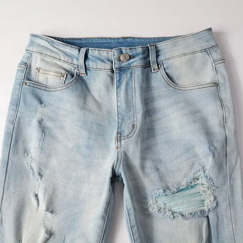 Hole Pencil Pants Men Washed Distressed Patchwork Jeans Low Waist 2024 Vintage Basics Ankle Length Trousers Skinny Denims — image 3